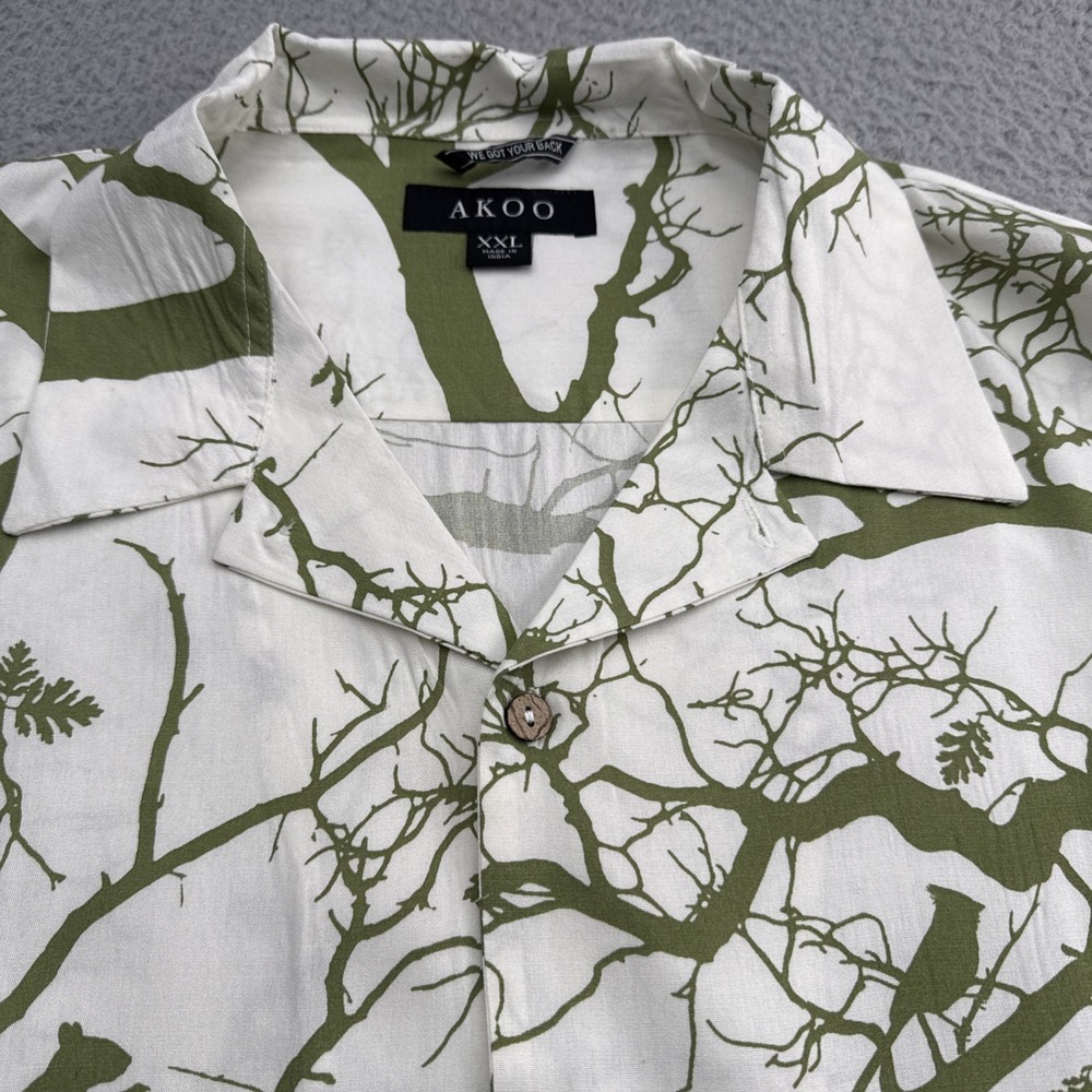 Akoo Casual Shirt Mens XXL 2XL S/S All Over Print White Green Button Up Nature